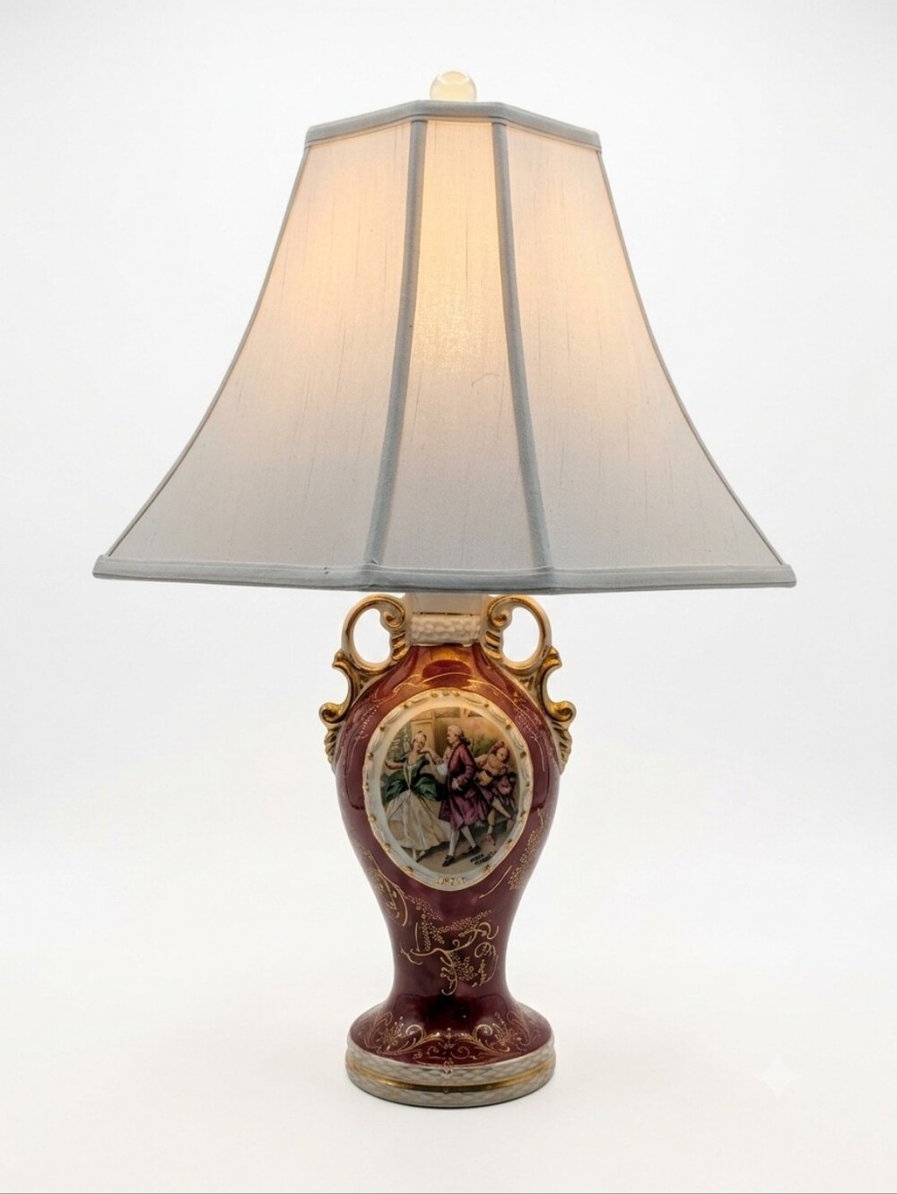 Mid-century Rococo Style Burgundy & Gold Porcelain Figural Urn Table Lamp - Picture 5 of 16